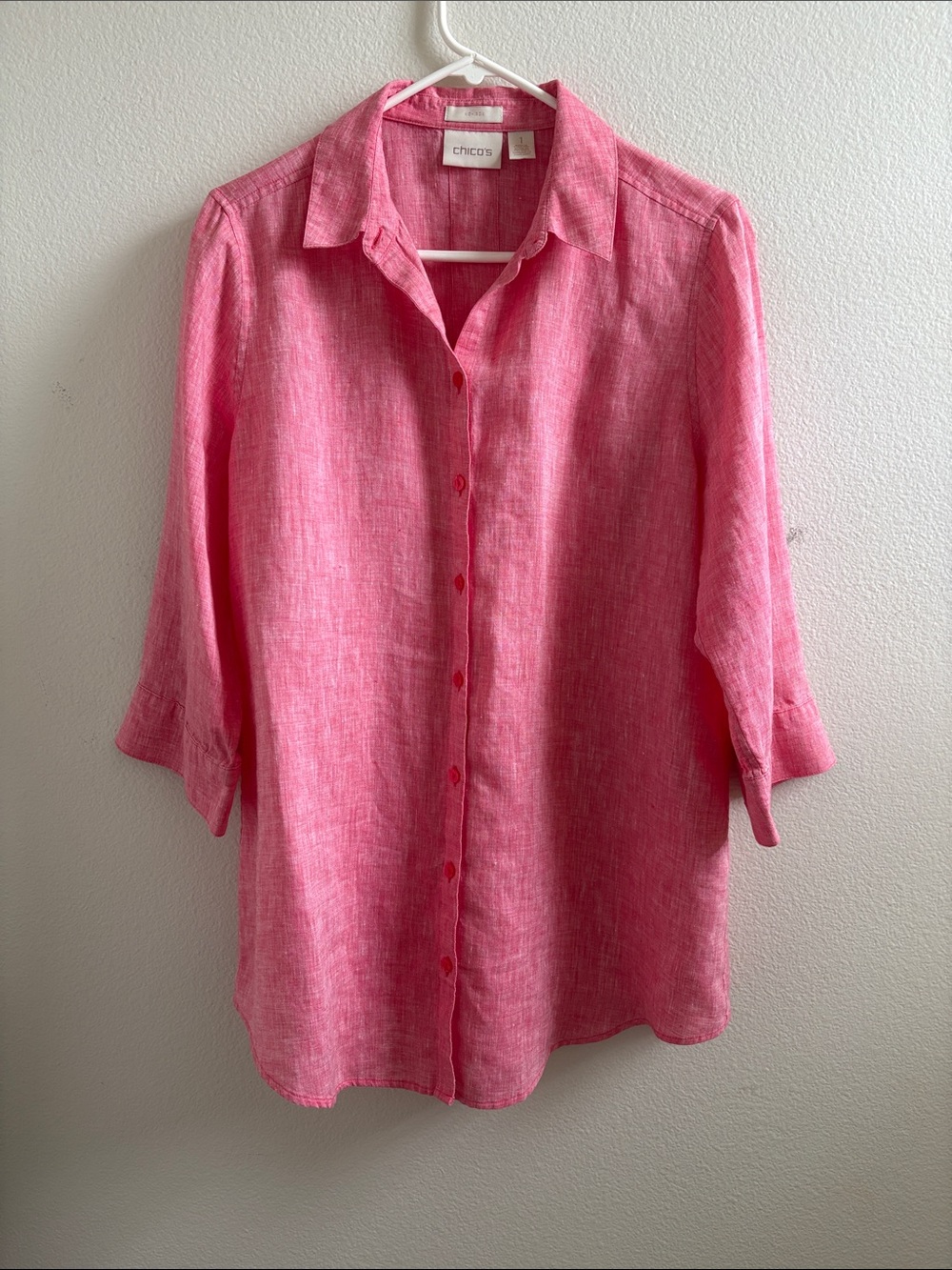 Chico's 100% Linen No Iron Button Back Tunic Red Pink Coral Wash Wear Top Sz 1 M